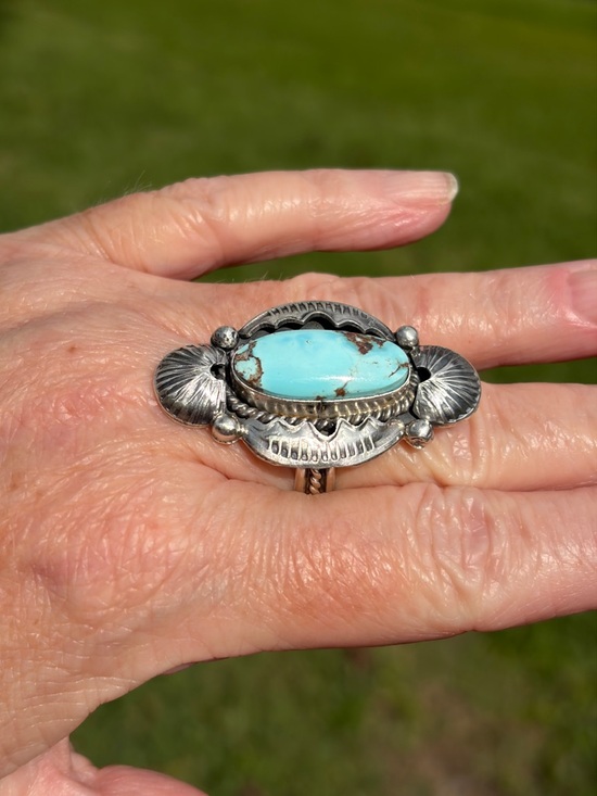 Native American Jewelry - Juanita McDonald-Signed Unisex Golden Hills Turquoise Sterling Silver Ring